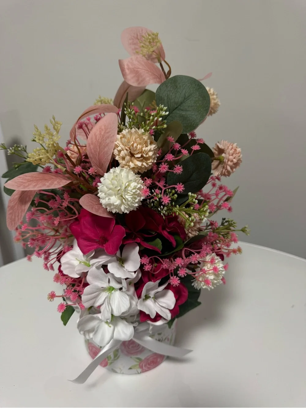 Pink & White Floral Arrangement in Decorative Hatbox